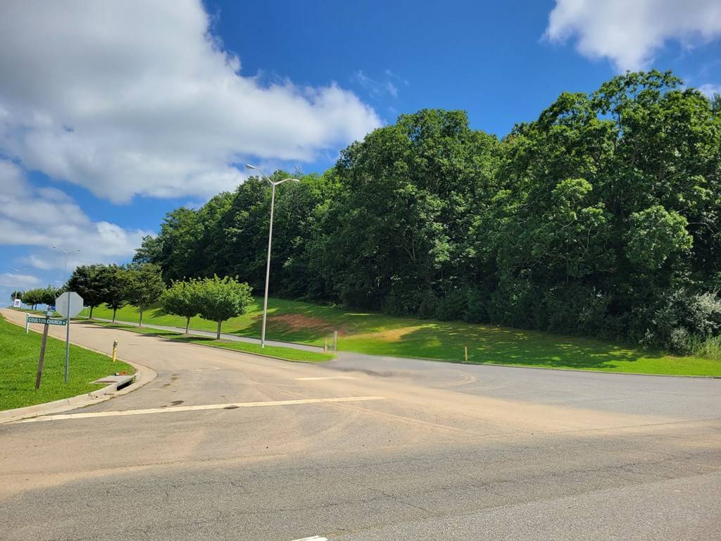 Ground view of a curving paved road past the wooded parcel under a blue sky.